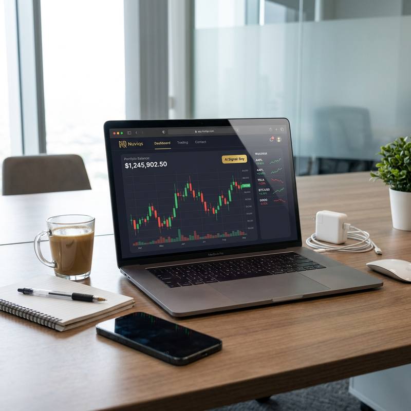 The Nuviqs dashboard on a laptop showing a candlestick chart, portfolio balance and a cryptocurrency watchlist on a work desk