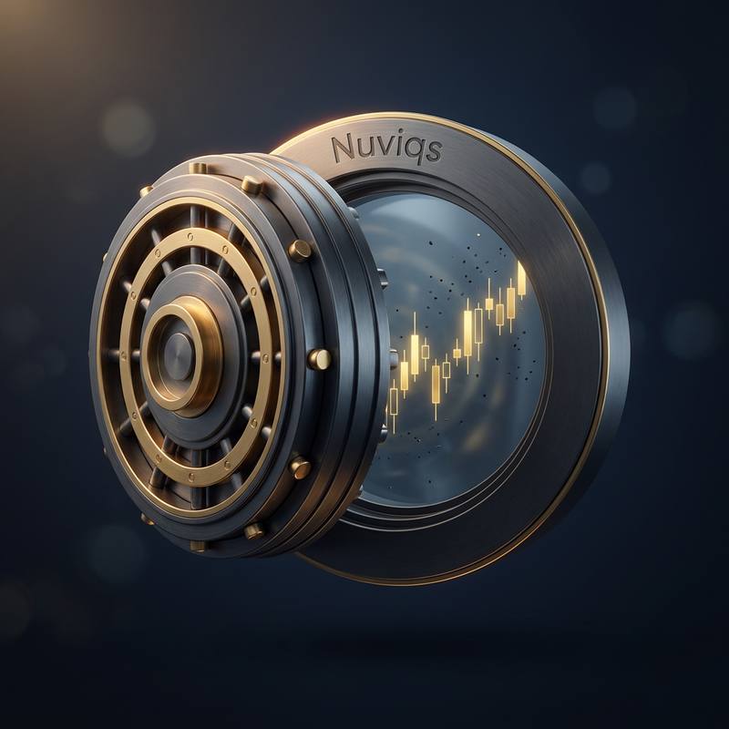 A sealed digital vault bearing the Nuviqs logo with a gold candlestick chart in front of it on a dark background