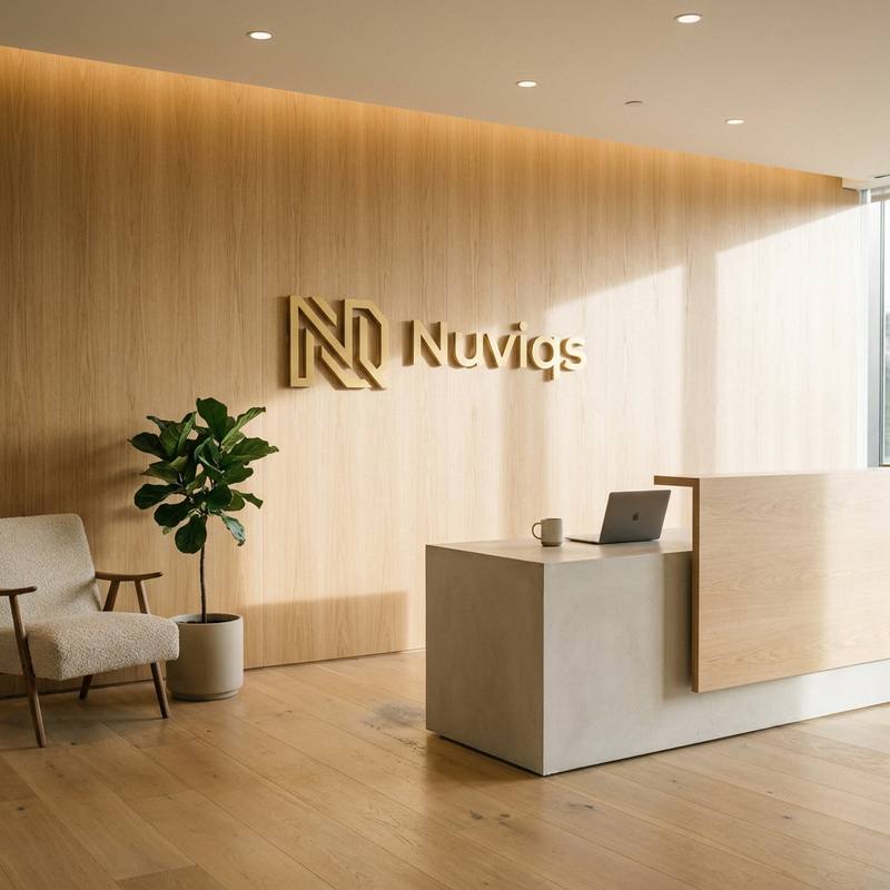 The Nuviqs headquarters: a reception area with a wall carrying the illuminated gold Nuviqs logo, seating, a plant and warm lighting