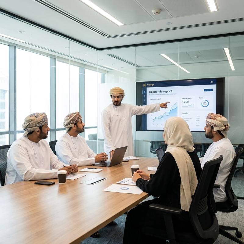 A Nuviqs team meeting around a table in a modern room, with market performance charts on the screen behind them